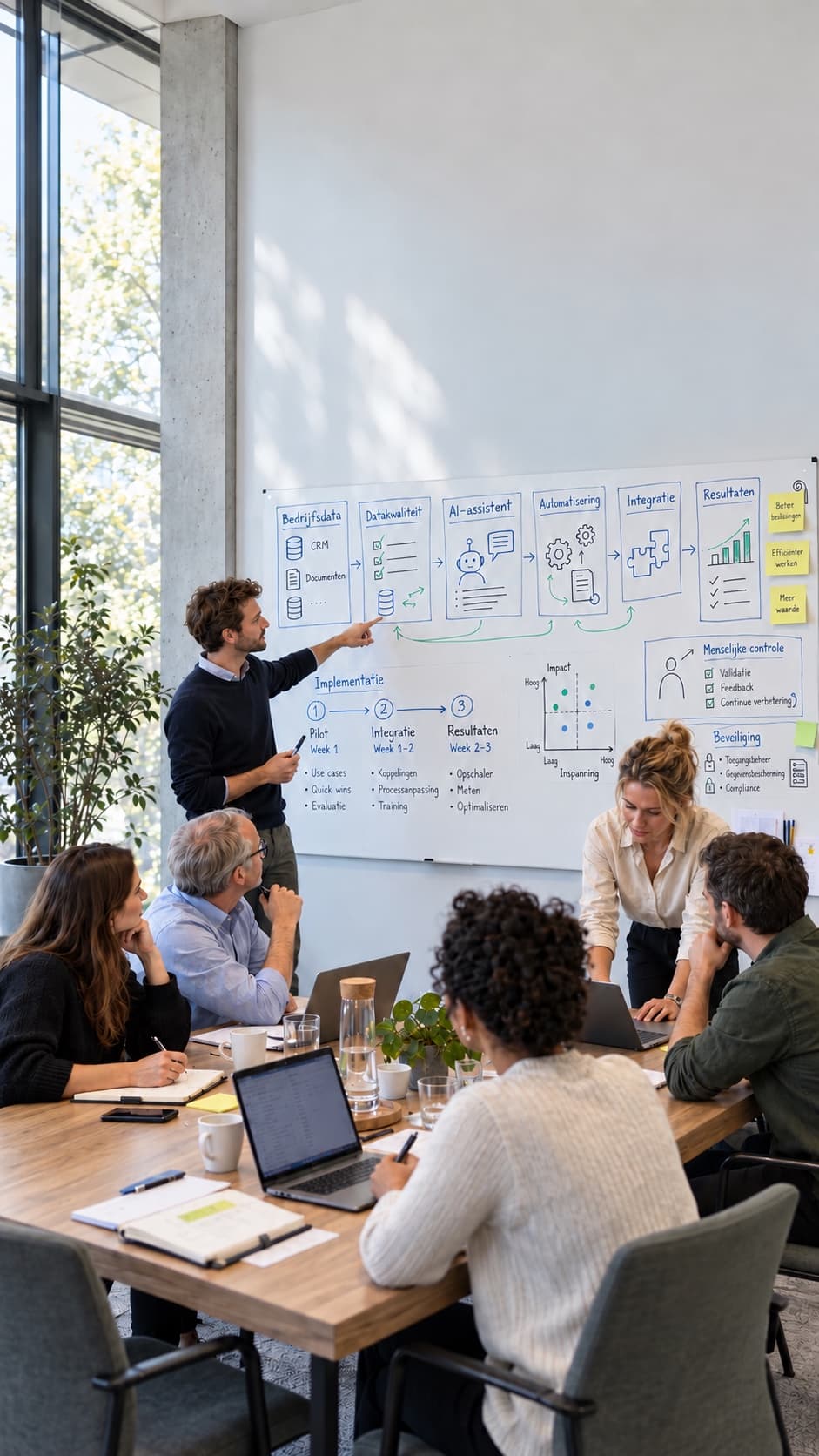 Team in een vergaderruimte bekijkt een whiteboard met een AI-implementatieplan